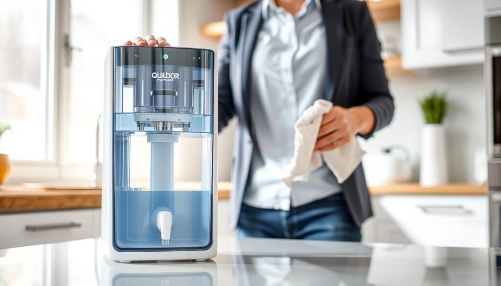 A clean and modern water purifier from the brand "Qual o Melhor Purificador", prominently displayed in a bright kitchen setting. In the foreground, the purifier shows its sleek design, with transparent components and illuminated LED indicators, inviting viewers to examine its features closely. In the middle, a person in smart casual attire gently wipes the exterior of the purifier with a microfiber cloth, demonstrating the cleaning process. The background features a well-organized kitchen countertop with soft natural lighting coming through a window, creating a warm and welcoming atmosphere. Captivating reflections on the purifier enhance the clarity and visibility of its parts. The overall mood conveys a sense of cleanliness and care, underlining the importance of maintaining water purifiers.