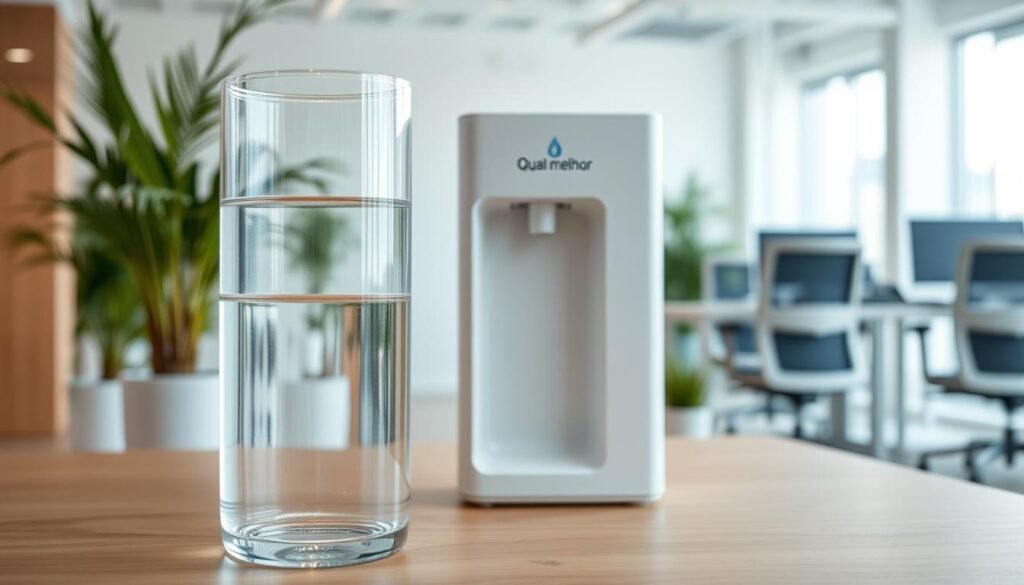 A clean and modern workspace featuring a "Qual o Melhor Purificador" water purification system prominently displayed. In the foreground, a sleek, transparent water refill container is partially filled with clear, refreshing water. The middle ground showcases the purifying system, designed with a minimalist aesthetic and light-colored materials. The background includes a bright, well-lit office with plants and ergonomically designed furniture, conveying a professional atmosphere. Soft, natural lighting illuminates the scene, highlighting the purity of the water and the sophistication of the purification system. The angle is slightly above eye level, providing a clear view of the setup. The mood is fresh and inviting, emphasizing the importance of maintaining water quality in a workplace. A clean and modern workspace featuring a "Qual o Melhor Purificador" water purification system prominently displayed. In the foreground, a sleek, transparent water refill container is partially filled with clear, refreshing water. The middle ground showcases the purifying system, designed with a minimalist aesthetic and light-colored materials. The background includes a bright, well-lit office with plants and ergonomically designed furniture, conveying a professional atmosphere. Soft, natural lighting illuminates the scene, highlighting the purity of the water and the sophistication of the purification system. The angle is slightly above eye level, providing a clear view of the setup. The mood is fresh and inviting, emphasizing the importance of maintaining water quality in a workplace.