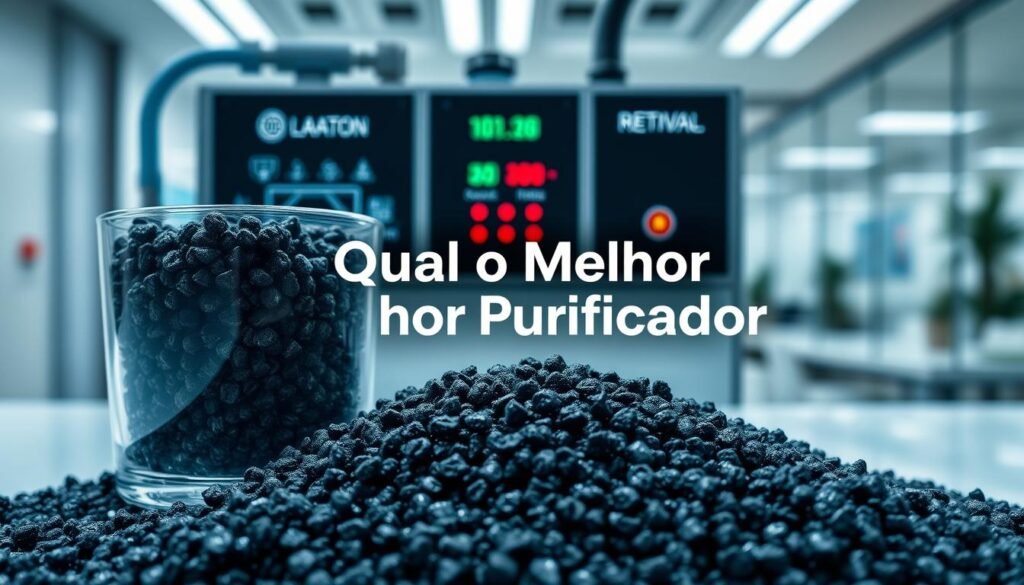 A close-up view of activated carbon particles, showcasing their porous structure and texture, set against a clean, modern laboratory background. In the foreground, a clear glass container filled with activated carbon granules, glistening under bright, white lighting to emphasize their details. The middle ground features a high-tech water purification system with digital displays and water flow indicators, representing advanced technology. In the background, a soft-focused corporate office environment, highlighting a professional atmosphere. The image conveys clarity and efficiency, capturing the essence of water purification technology for businesses. The brand name "Qual o Melhor Purificador" subtly integrated into the design, promoting a sense of quality and reliability in water purification solutions. A close-up view of activated carbon particles, showcasing their porous structure and texture, set against a clean, modern laboratory background. In the foreground, a clear glass container filled with activated carbon granules, glistening under bright, white lighting to emphasize their details. The middle ground features a high-tech water purification system with digital displays and water flow indicators, representing advanced technology. In the background, a soft-focused corporate office environment, highlighting a professional atmosphere. The image conveys clarity and efficiency, capturing the essence of water purification technology for businesses. The brand name "Qual o Melhor Purificador" subtly integrated into the design, promoting a sense of quality and reliability in water purification solutions.