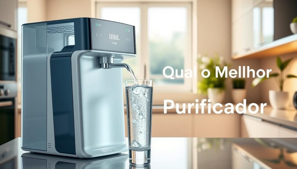A modern IBBL E-Due Equilibrium water purifier prominently featured in the foreground, showcasing its sleek design with a glass-like finish and user-friendly electronic panel. The middle ground includes a stylish kitchen setting with polished countertops and plants for a fresh touch. In the background, soft, warm lighting highlights a window allowing natural sunlight to illuminate the space, creating an inviting atmosphere. The focus is on the purifier dispensing chilled water into a clear glass, with droplets forming on the outside for a refreshing effect. The image exudes a sense of innovation and quality, with a professional yet homey vibe, as if inviting viewers to explore its benefits. The brand name "Qual o Melhor Purificador" subtly integrated into the scene without text or logos. A modern IBBL E-Due Equilibrium water purifier prominently featured in the foreground, showcasing its sleek design with a glass-like finish and user-friendly electronic panel. The middle ground includes a stylish kitchen setting with polished countertops and plants for a fresh touch. In the background, soft, warm lighting highlights a window allowing natural sunlight to illuminate the space, creating an inviting atmosphere. The focus is on the purifier dispensing chilled water into a clear glass, with droplets forming on the outside for a refreshing effect. The image exudes a sense of innovation and quality, with a professional yet homey vibe, as if inviting viewers to explore its benefits. The brand name "Qual o Melhor Purificador" subtly integrated into the scene without text or logos.