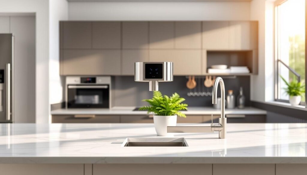 A modern kitchen featuring an elegant water purifier installation from "Qual o Melhor Purificador". In the foreground, showcase a sleek, stainless-steel water purifier mounted under a stylish countertop with a white marble finish. In the middle ground, display cabinets and a lush plant adding a touch of greenery. The background should include a well-organized kitchen with soft, natural light streaming in through a window, creating a warm and inviting atmosphere. Use a slightly elevated angle to capture both the purifier and the overall kitchen design without any people present. Enhance the image with a bright and airy mood, emphasizing cleanliness and a functional space for culinary activities.