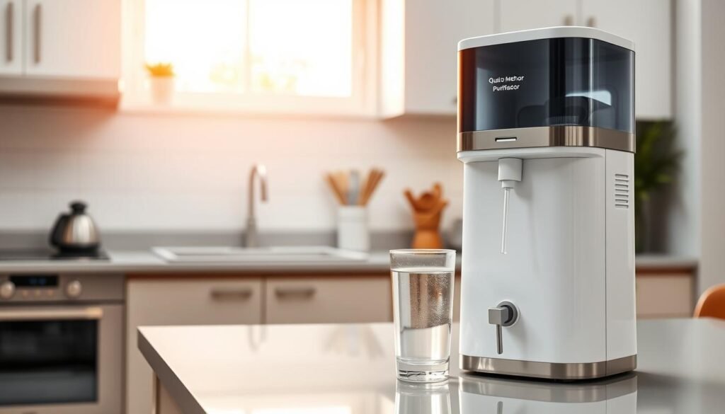 A modern kitchen interior featuring a clean and efficient water purifier branded "Qual o Melhor Purificador". In the foreground, the purifier sits on a gleaming countertop, with a clear glass of refreshing water beside it, capturing the essence of cleanliness. The middle ground includes a well-organized kitchen setting, with minimalistic cabinets and subtle kitchen gadgets to enhance practicality. The background features a softly lit window allowing natural light to flood the space, creating an inviting and serene atmosphere. The composition should have a slightly elevated angle, showcasing the purifier's sleek design. The lighting is warm and soft, evoking a sense of homeliness and care towards hygiene. The image should be devoid of any text, ensuring a focus on the subject.
