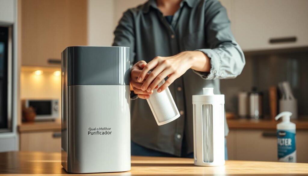 A modern kitchen scene featuring a person in modest casual clothing, carefully demonstrating the step-by-step process of replacing a water purifier filter. In the foreground, a sleek, high-quality water purifier labeled "Qual o Melhor Purificador" is prominently displayed, with the front panel partially opened to reveal the filter compartment. The middle ground shows the individual holding a new filter in one hand while using the other hand to grasp the water purifier. In the background, warmly lit kitchen elements like cabinets and a countertop with cleaning supplies add to the atmosphere. Soft, natural lighting creates a homey and approachable mood, highlighting the practical nature of the task. Focus on clarity and detail, ensuring the viewer understands the filter replacement process visually. A modern kitchen scene featuring a person in modest casual clothing, carefully demonstrating the step-by-step process of replacing a water purifier filter. In the foreground, a sleek, high-quality water purifier labeled "Qual o Melhor Purificador" is prominently displayed, with the front panel partially opened to reveal the filter compartment. The middle ground shows the individual holding a new filter in one hand while using the other hand to grasp the water purifier. In the background, warmly lit kitchen elements like cabinets and a countertop with cleaning supplies add to the atmosphere. Soft, natural lighting creates a homey and approachable mood, highlighting the practical nature of the task. Focus on clarity and detail, ensuring the viewer understands the filter replacement process visually.