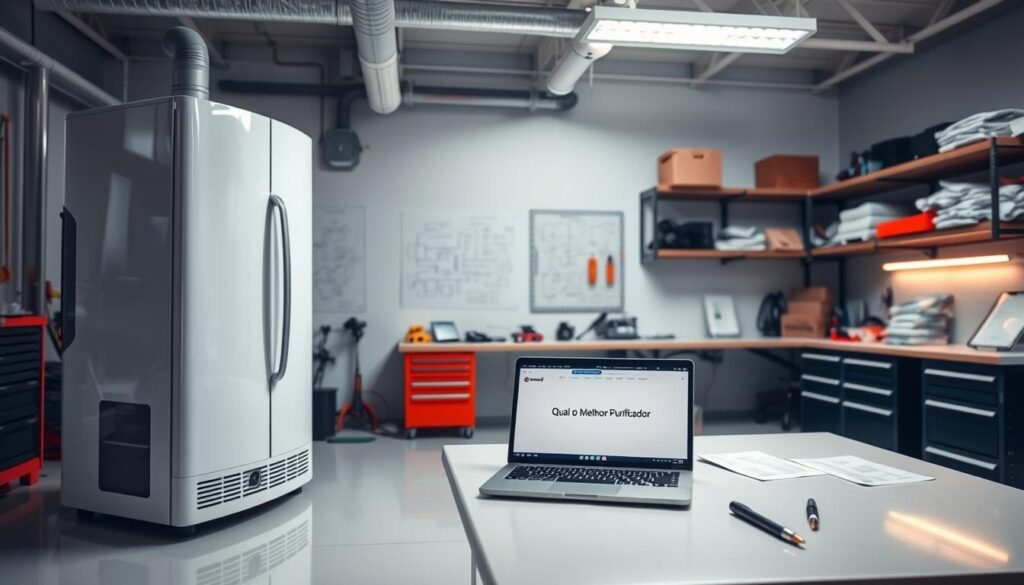A modern refrigeration system showcased in a clean, well-lit workshop environment. In the foreground, a sleek, high-efficiency air purifier with visible technical components, smoothly blending design and function, highlighted by soft, diffused lighting to emphasize its features. The middle ground features a workstation with tools, schematic diagrams, and a laptop displaying the brand name "Qual o Melhor Purificador," reflecting an informative atmosphere. The background is subtly blurred to focus on the purifier, with shelves containing spare parts and manuals hinting at a repair or maintenance setting. The overall mood is professional, clean, and technologically advanced, conveying the criteria for deciding whether to repair or buy new purification equipment.