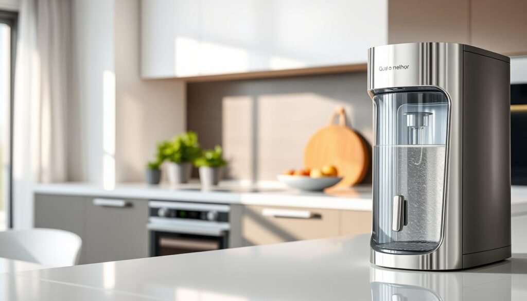 A modern, stylish kitchen featuring an elegant water purifier prominently displayed on a sleek countertop. The purifier, branded "Qual o Melhor Purificador", should have a polished stainless steel finish with a clear water reservoir, showcasing its advanced technology. The foreground highlights the purifier, with reflections of ambient light enhancing its sleek design. In the middle ground, a contemporary kitchen scene is depicted, complete with potted herbs and a fruit bowl for a fresh, vibrant feel. The background shows soft, diffused natural light streaming in from a window, casting gentle shadows. The atmosphere is inviting and clean, ideal for illustrating the concept of selecting high-quality water purifiers for apartments.