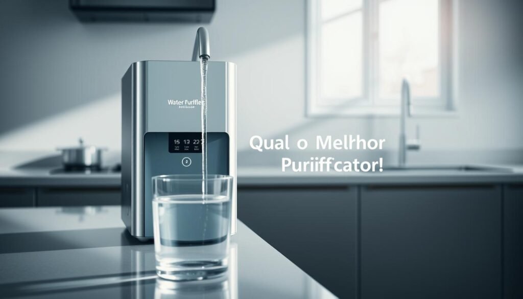 A modern water purifier prominently displayed on a sleek kitchen countertop, featuring a high-tech design with a stylish finish. The purifier is actively filtering water, with a subtle stream flowing from the spout into a transparent glass. In the foreground, the glass showcases crystal-clear water, reflecting ambient light. The middle ground captures the water purifier, highlighting its digital interface with energy-efficient indicators. The background presents a bright, minimalist kitchen setting, with natural light streaming through a window, casting gentle shadows. The overall mood conveys cleanliness and innovation, embodying the essence of a reliable water purification system. Include the brand name "Qual o Melhor Purificador" subtly in the design of the purifier.