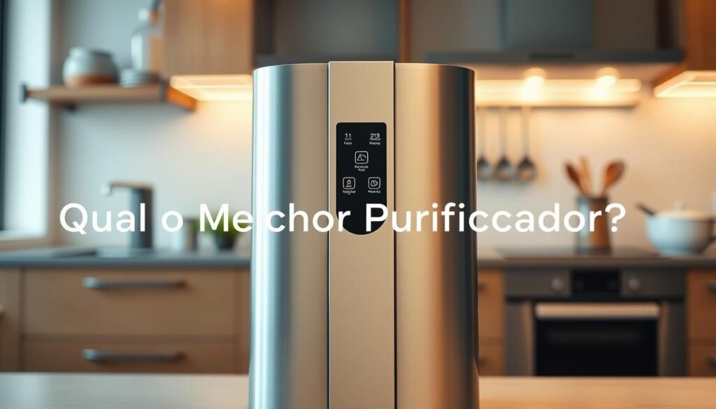 A modern water purifier with a touch panel, featuring sleek lines and a minimalist design, positioned prominently in the foreground. The purifier is in a stylish kitchen setting, with a warm and inviting atmosphere. Soft, natural lighting illuminates the appliance, highlighting its smooth metallic finish and the high-tech touch interface displaying icons for various functions. The background includes a blurred view of kitchen elements such as cabinets and utensils, ensuring the focus remains on the purifier. The overall mood exudes futuristic technology paired with elegance, showcasing innovation in home appliances. Capture this scene with a shallow depth of field, emphasizing the purifier as the centerpiece. Include the phrase "Qual o Melhor Purificador" subtly integrated into the design elements around it without text overlays. A modern water purifier with a touch panel, featuring sleek lines and a minimalist design, positioned prominently in the foreground. The purifier is in a stylish kitchen setting, with a warm and inviting atmosphere. Soft, natural lighting illuminates the appliance, highlighting its smooth metallic finish and the high-tech touch interface displaying icons for various functions. The background includes a blurred view of kitchen elements such as cabinets and utensils, ensuring the focus remains on the purifier. The overall mood exudes futuristic technology paired with elegance, showcasing innovation in home appliances. Capture this scene with a shallow depth of field, emphasizing the purifier as the centerpiece. Include the phrase "Qual o Melhor Purificador" subtly integrated into the design elements around it without text overlays.