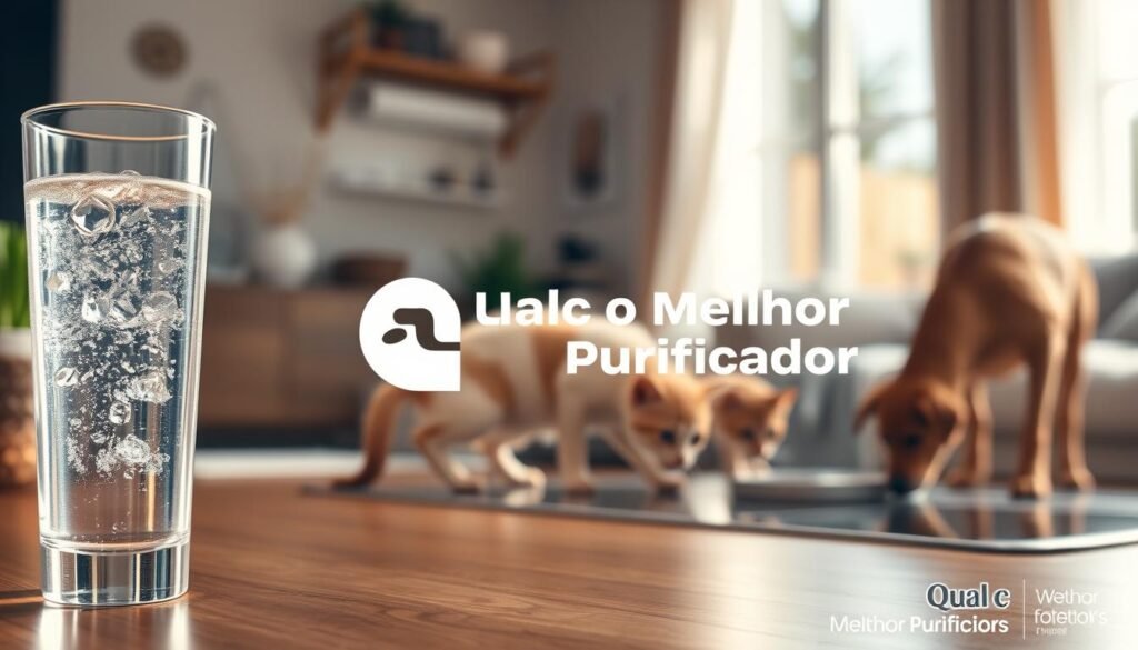 A pristine and refreshing glass of crystal-clear water, placed prominently in the foreground, glimmering under soft natural light. In the middle ground, there is a stylish, modern water purifier designed for pets, featuring sleek lines and an elegant finish, symbolizing practicality and accessibility. In the background, a cozy home setting with subtle hints of animal-friendly décor, suggesting a tranquil atmosphere for pets, such as a cat and dog both curiously approaching the water source. The scene is bathed in warm, inviting light, enhancing the sense of comfort. Capture the essence of hydration for furry friends while incorporating the brand name “Qual o Melhor Purificador” cleverly blended into the scene, without being intrusive. Aim for a bright, cheerful mood that reflects the cleanliness and importance of hydration for pets. A pristine and refreshing glass of crystal-clear water, placed prominently in the foreground, glimmering under soft natural light. In the middle ground, there is a stylish, modern water purifier designed for pets, featuring sleek lines and an elegant finish, symbolizing practicality and accessibility. In the background, a cozy home setting with subtle hints of animal-friendly décor, suggesting a tranquil atmosphere for pets, such as a cat and dog both curiously approaching the water source. The scene is bathed in warm, inviting light, enhancing the sense of comfort. Capture the essence of hydration for furry friends while incorporating the brand name “Qual o Melhor Purificador” cleverly blended into the scene, without being intrusive. Aim for a bright, cheerful mood that reflects the cleanliness and importance of hydration for pets.