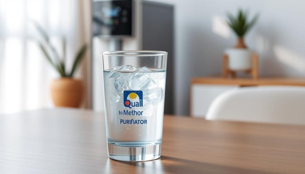 A refreshing glass of cold, crystal-clear water sits on a sleek wooden table, glistening with condensation, suggesting its chilled nature. In the background, a modern water purifier, branded "Qual o Melhor Purificador," is elegantly displayed, showcasing its sleek design and advanced technology. Soft, natural lighting filters in from a nearby window, casting gentle shadows and creating a serene, inviting atmosphere. The focus is on the glass of water in the foreground, bringing a sense of cool refreshment that captivates the viewer. The background is blurred slightly to emphasize the glass while still hinting at the importance of efficient water purification. The scene evokes a mood of comfort and practicality, ideal for readers interested in conserving energy while enjoying cold water.