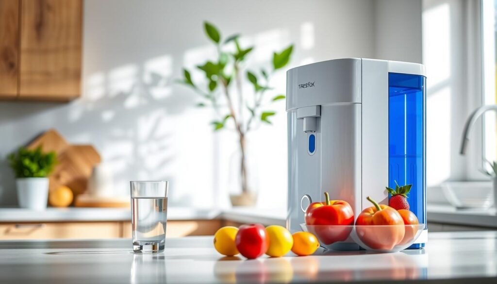 A serene home kitchen setting, showcasing a sleek, modern water purifier prominently placed on a countertop. The purifier features a glossy white finish with subtle blue accents, reflecting contemporary design. In the foreground, fresh fruits and a glass of clear water sit beside the unit, emphasizing purity and health. The middle ground includes a window with soft, natural light streaming in, casting gentle shadows. In the background, a potted plant adds a touch of greenery, enhancing the inviting atmosphere. The image conveys a sense of trust and reliability, highlighting the importance of safe drinking water in everyday life. The overall mood is fresh and clean, captured from a slight upward angle to create a sense of prominence for the purifier.