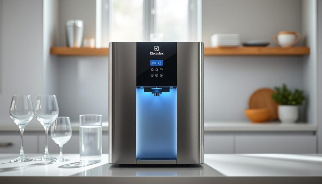 A sleek Electrolux water purifier model PA21G stands prominently in the foreground, showcasing its modern design with a premium finish. The innovative Blue Touch panel is illuminated, demonstrating its user-friendly interface and advanced features. The appliance is placed on a stylish kitchen countertop, surrounded by elegantly arranged glassware and a pitcher of pure water, hinting at its efficient performance. Soft, natural lighting filters in from a window in the background, casting gentle shadows that enhance the product's contours. The atmosphere is clean and inviting, emphasizing the purifier's role in a healthy lifestyle. A subtle blur in the background highlights the kitchen setting, ensuring the Electrolux PA21G remains the focal point of the image. A sleek Electrolux water purifier model PA21G stands prominently in the foreground, showcasing its modern design with a premium finish. The innovative Blue Touch panel is illuminated, demonstrating its user-friendly interface and advanced features. The appliance is placed on a stylish kitchen countertop, surrounded by elegantly arranged glassware and a pitcher of pure water, hinting at its efficient performance. Soft, natural lighting filters in from a window in the background, casting gentle shadows that enhance the product's contours. The atmosphere is clean and inviting, emphasizing the purifier's role in a healthy lifestyle. A subtle blur in the background highlights the kitchen setting, ensuring the Electrolux PA21G remains the focal point of the image.