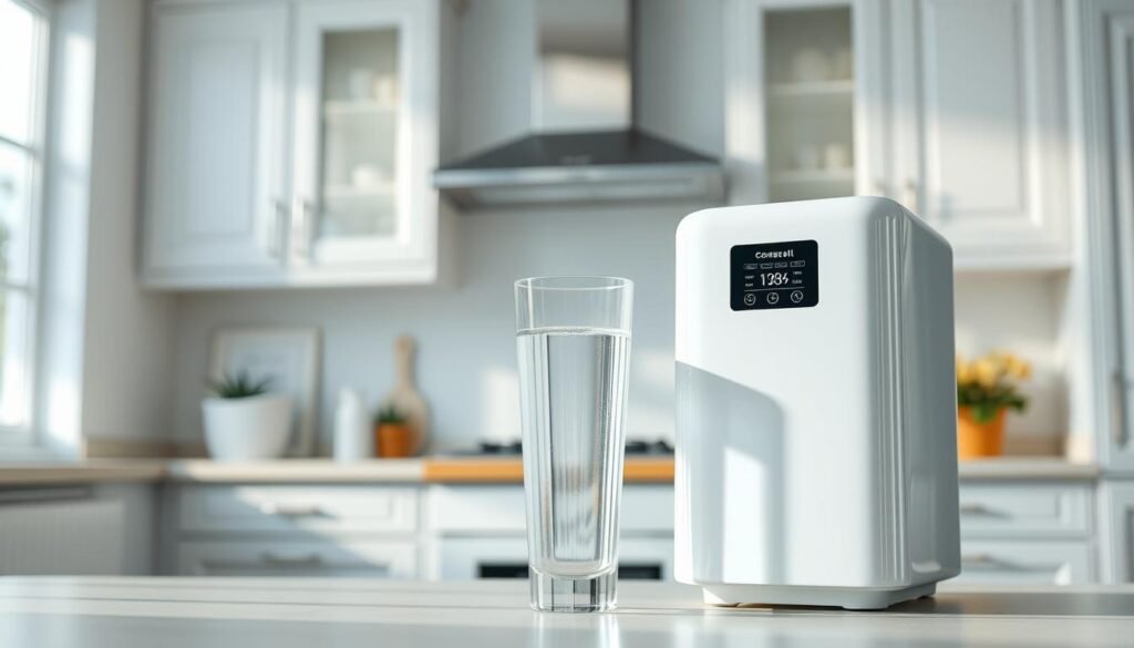 A sleek and modern Consul CPB34AS water purifier positioned prominently in the foreground, showcasing its glossy white finish and user-friendly digital interface. The middle layer features a clear glass filled with pristine, filtered water, reflecting the purity and efficiency of the product. In the background, a softly lit kitchen setting with elegant cabinetry and a bright, inviting atmosphere enhances the overall scene. Natural light filters through a window, casting gentle shadows and highlighting the purifier's design details. A well-organized countertop complements the product, conveying a sense of freshness and cleanliness. The image should capture a professional and informative mood, ideal for illustrating high performance and specifications in an analytical context. A sleek and modern Consul CPB34AS water purifier positioned prominently in the foreground, showcasing its glossy white finish and user-friendly digital interface. The middle layer features a clear glass filled with pristine, filtered water, reflecting the purity and efficiency of the product. In the background, a softly lit kitchen setting with elegant cabinetry and a bright, inviting atmosphere enhances the overall scene. Natural light filters through a window, casting gentle shadows and highlighting the purifier's design details. A well-organized countertop complements the product, conveying a sense of freshness and cleanliness. The image should capture a professional and informative mood, ideal for illustrating high performance and specifications in an analytical context.