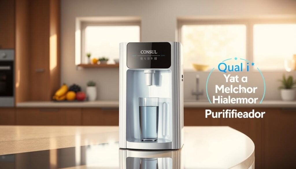 A sleek and modern Consul CPB34AS water purifier prominently displayed in a brightly lit kitchen setting. The purifier is elegantly designed with a shiny white finish and a digital interface, reflecting its advanced features. In the foreground, focus on the purifier with a clear perspective showcasing its water dispensing function. The middle ground includes a stylish kitchen counter adorned with fresh fruits and a glass of alkaline water, hinting at health benefits. The background features soft, warm lighting from natural windows, creating an inviting domestic atmosphere. The image captures a feel of cleanliness and modern convenience, emphasizing the versatility of the product in daily life. Include visual elements that suggest the concept of water purification, with hints of blue accents to represent purity. Brand logo "Qual o Melhor Purificador" subtly integrated into the design. A sleek and modern Consul CPB34AS water purifier prominently displayed in a brightly lit kitchen setting. The purifier is elegantly designed with a shiny white finish and a digital interface, reflecting its advanced features. In the foreground, focus on the purifier with a clear perspective showcasing its water dispensing function. The middle ground includes a stylish kitchen counter adorned with fresh fruits and a glass of alkaline water, hinting at health benefits. The background features soft, warm lighting from natural windows, creating an inviting domestic atmosphere. The image captures a feel of cleanliness and modern convenience, emphasizing the versatility of the product in daily life. Include visual elements that suggest the concept of water purification, with hints of blue accents to represent purity. Brand logo "Qual o Melhor Purificador" subtly integrated into the design.