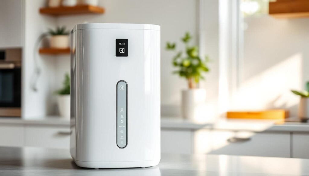 A sleek and modern Electrolux PE11X water purifier in the foreground, showcasing its elegant design with a glossy white finish and a user-friendly intuitive panel featuring clearly labeled buttons. The unit should be placed on a minimalist kitchen countertop, suggesting a practical and stylish home environment. In the background, a softly lit kitchen space with a hint of greenery, such as potted plants, adds a fresh atmosphere. Natural light filters through a nearby window, creating warm highlights on the purifier's surface. The composition should focus on the device, capturing its premium feel while conveying a sense of balance between functionality and aesthetic appeal, evoking a mood of comfort and modern living. A sleek and modern Electrolux PE11X water purifier in the foreground, showcasing its elegant design with a glossy white finish and a user-friendly intuitive panel featuring clearly labeled buttons. The unit should be placed on a minimalist kitchen countertop, suggesting a practical and stylish home environment. In the background, a softly lit kitchen space with a hint of greenery, such as potted plants, adds a fresh atmosphere. Natural light filters through a nearby window, creating warm highlights on the purifier's surface. The composition should focus on the device, capturing its premium feel while conveying a sense of balance between functionality and aesthetic appeal, evoking a mood of comfort and modern living.