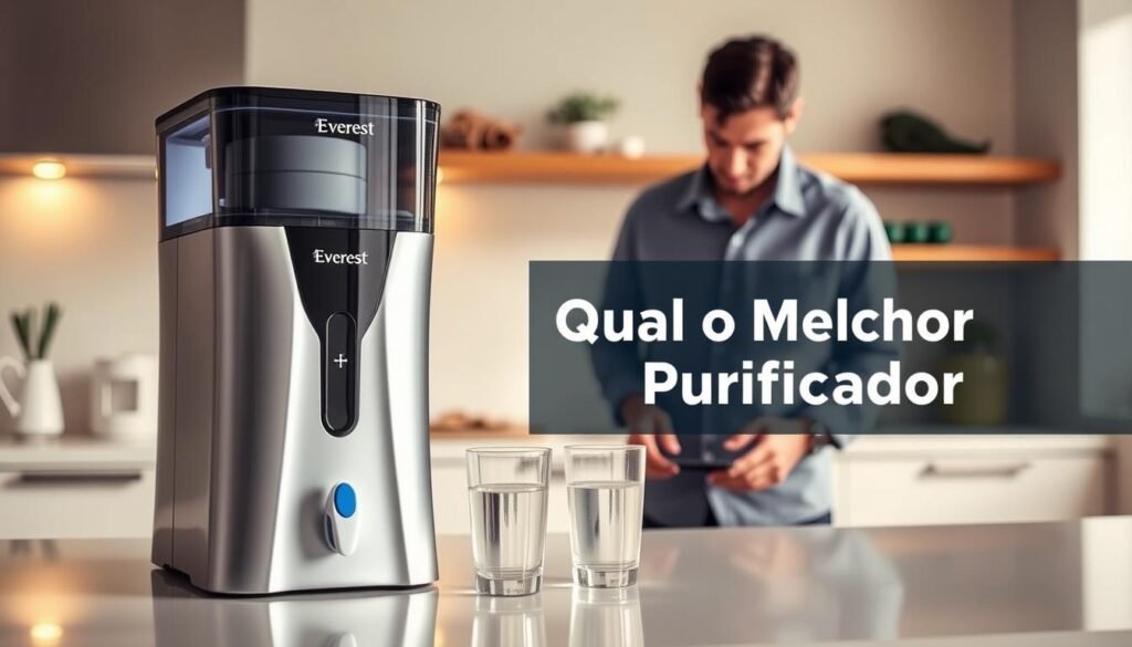 A sleek and modern Everest Soft Star water purifier in a bright kitchen setting, showcasing its impressive reservoir and filtration system. The foreground features the purifier with smooth lines and a glossy finish, reflecting ambient light. The middle ground includes a countertop with a few clean glasses filled with crystal-clear water beside the purifier, emphasizing its functionality. The background reveals a cozy kitchen with soft, warm lighting and simple decor, creating an inviting atmosphere. A professional-looking individual in modest casual attire examines the purifier, adding a touch of human connection. The scene captures the essence of simplicity and effectiveness of the Everest Soft Star, highlighting its practicality in everyday life. Qual o Melhor Purificador is subtly integrated into the branding on the purifier.