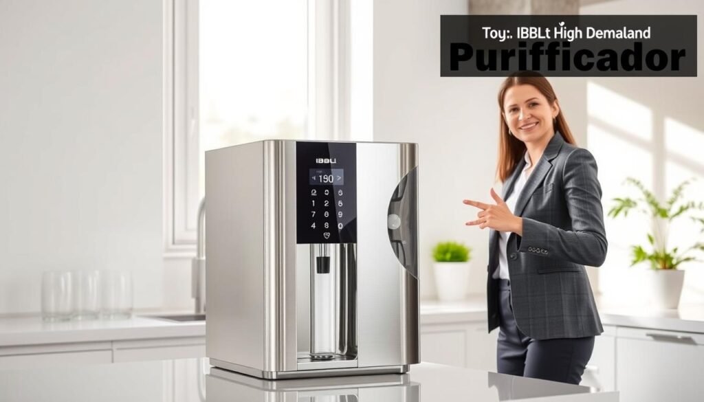 A sleek and modern IBBL FR600 Speciale water purifier is the focal point of the image, positioned prominently against a clean, bright kitchen setting. The purifier features a polished stainless steel body with a user-friendly interface, showcasing its cutting-edge technology. Soft, natural light pours in from a nearby window, casting gentle reflections on the surface, creating a warm and inviting atmosphere. In the background, minimalist kitchen elements such as glassware and a potted plant enhance the freshness of the scene. A professional individual in business attire stands next to the purifier, gesturing towards it with a look of approval, emphasizing its suitability for high-demand environments like businesses. The image conveys a sense of trust, health, and efficiency, aligning with the theme of advanced water purification. Qual o Melhor Purificador. A sleek and modern IBBL FR600 Speciale water purifier is the focal point of the image, positioned prominently against a clean, bright kitchen setting. The purifier features a polished stainless steel body with a user-friendly interface, showcasing its cutting-edge technology. Soft, natural light pours in from a nearby window, casting gentle reflections on the surface, creating a warm and inviting atmosphere. In the background, minimalist kitchen elements such as glassware and a potted plant enhance the freshness of the scene. A professional individual in business attire stands next to the purifier, gesturing towards it with a look of approval, emphasizing its suitability for high-demand environments like businesses. The image conveys a sense of trust, health, and efficiency, aligning with the theme of advanced water purification. Qual o Melhor Purificador.