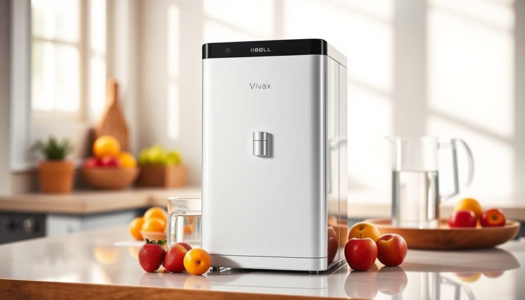 A sleek and modern IBBL Vivax water purifier is displayed prominently in the foreground, showcasing its three-stage filtration system. The purifier is elegantly designed with a glossy finish, demonstrating both functionality and style. Surrounding the unit, a clean kitchen countertop adorned with fresh fruits and a pitcher of purified water enhances the scene's vibrancy. The middle background features a cozy kitchen environment with soft, natural lighting filtering through a window, casting gentle shadows and creating an inviting atmosphere. A subtle reflection of the purifier in the countertop adds depth. Captured from a slightly elevated angle, the focus is sharp on the purifier while the kitchen remains pleasantly blurred. The overall mood conveys cleanliness, accessibility, and suitability for small families. The image should not contain any text or overlays, focusing solely on the product and its environment.