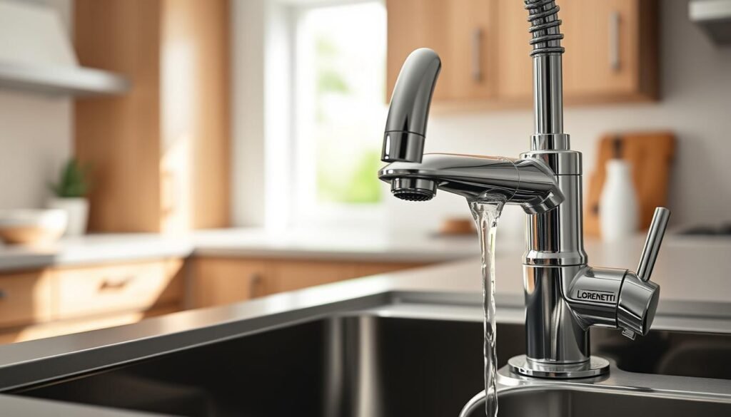 A sleek and modern "bica móvel" installation for a Lorenzetti water purifier, prominently featured in a well-lit kitchen environment. In the foreground, the elegantly designed faucet gleams with a polished chrome finish, showing intricate details and smooth curves. The midground showcases a stylish sink with clear water flowing from the faucet, reflecting light and creating a sense of freshness. The background consists of softly blurred kitchen elements—wooden cabinets and a light-colored countertop—providing a warm and inviting atmosphere. Natural light streams in from a nearby window, casting gentle shadows and enhancing the overall ambiance. The image should evoke a sense of sophistication and functionality, highlighting both the aesthetic appeal and practical usability of the water purifier installation.
