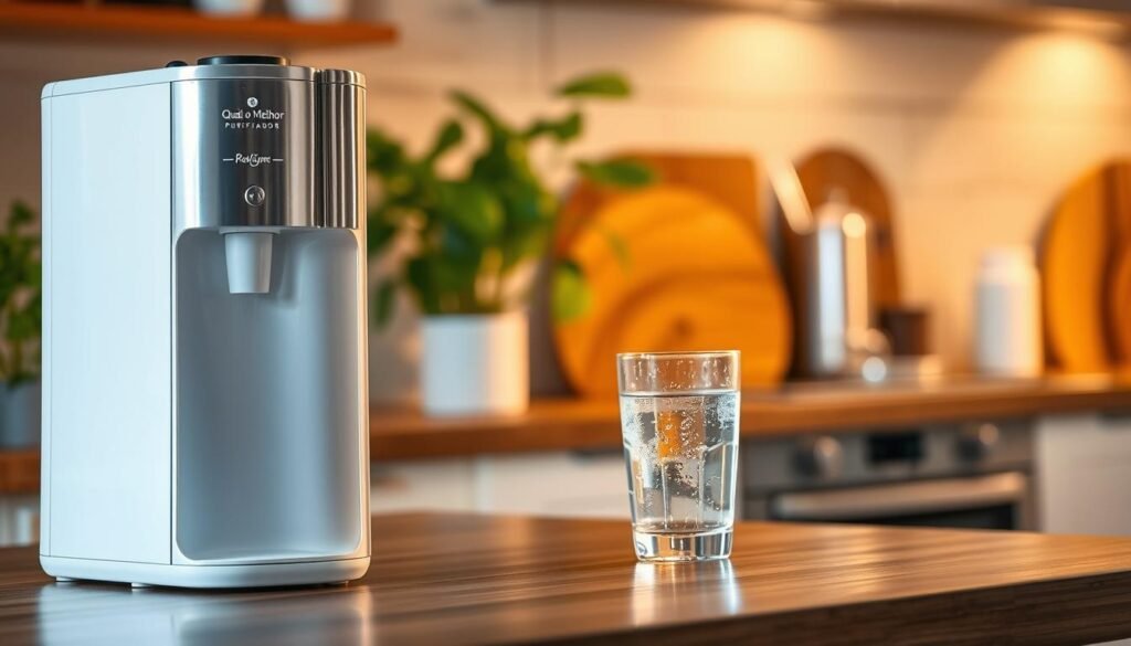 A sleek and modern water purifier prominently displayed on a wooden kitchen counter. In the foreground, the purifier, branded with "Qual o Melhor Purificador", gleams under soft, warm lighting, emphasizing its polished surface and advanced features. In the middle ground, a glass of crystal-clear water sits nearby, highlighting the product's effectiveness, while condensation forms on the exterior of the purifier, suggesting it struggles to maintain cool temperatures. In the background, a softly blurred kitchen setting adds depth, with hints of green plants and stylish kitchenware creating a cozy atmosphere. The overall mood is informative and inviting, guiding viewers to consider the implications of a functioning water purifier amidst everyday life. The angle captures the purifier’s height, making it the focal point of the image while ensuring a clean and professional presentation.