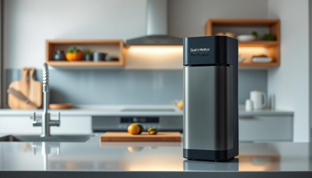 A sleek, compact water purifier designed for modern apartments, featuring an elegant mix of stainless steel and matte black finishes. In the foreground, the purifier is situated on a stylish kitchen countertop, with a subtle reflection that emphasizes its polished surface. The middle ground shows various kitchen elements, such as a wooden cutting board, fresh vegetables, and a sleek faucet, creating an inviting atmosphere. The background features a well-organized kitchen with minimalistic shelving and contemporary lighting, casting a warm glow over the scene. The mood is modern and efficient, showcasing practicality in small spaces. Include the brand name "Qual o Melhor Purificador" subtly in the design of the unit, ensuring it blends harmoniously with the overall aesthetics.