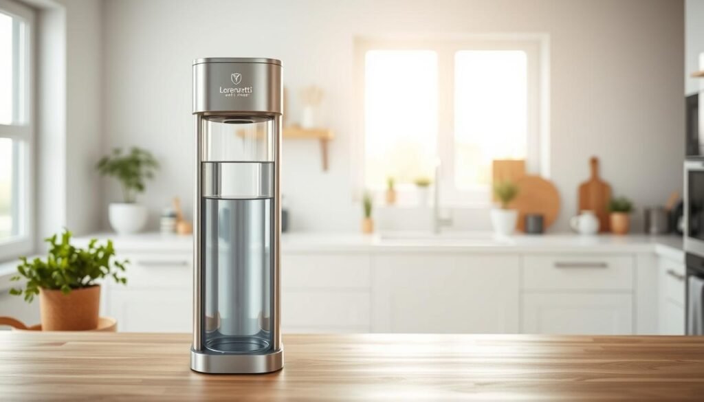 A sleek, modern Lorenzetti water purifier prominently displayed in a contemporary kitchen setting. In the foreground, the purifier stands on a clean, wooden countertop, showcasing its elegant design and metallic finish with a clear water reservoir. In the middle ground, the kitchen is bright and airy, featuring natural light streaming through a large window, highlighting the purifier’s features. In the background, glimpses of stylish kitchen elements like potted herbs and minimalist décor create a warm atmosphere. The angle captures the purifier’s functionality, emphasizing its role as an essential kitchen appliance for clean drinking water. Soft, diffused lighting enhances the overall freshness and hygiene, evoking a sense of trustworthiness. No people are present; the focus is solely on the purifier and its inviting environment.