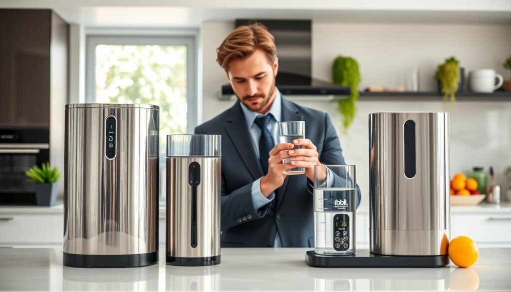 A sleek, modern kitchen interior featuring a countertop with a side-by-side comparison of two water purifiers, one being the IBBL and the other a popular competitor in Brazil. The IBBL purifier is highlighted in polished stainless steel, juxtaposed against the competitor’s model in a slightly different design. In the foreground, a professional, well-dressed individual examines the devices with a discerning look, holding a clear glass of water. The middle ground showcases kitchen elements like fresh fruits and plants, contributing to a lively atmosphere. The background gently fades into a stylish kitchen design with natural lighting streaming in through a window, enhancing a sense of cleanliness and freshness. The overall mood is informative, inviting, and modern, perfect for illustrating a product comparison.