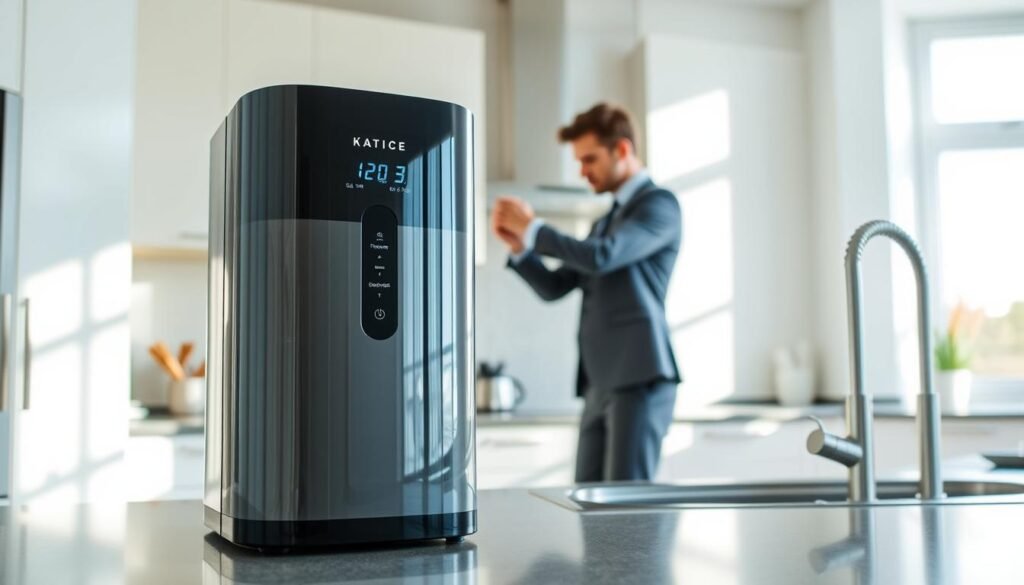 A sleek, modern water purifier installation by "Qual o Melhor Purificador" is prominently showcased on a stylish kitchen countertop. In the foreground, the purifier is elegantly designed with a digital display and intuitive controls, reflecting its advanced technology. In the middle ground, a person wearing professional business attire is meticulously adjusting the purifier's settings, emphasizing the importance of proper installation. In the background, the kitchen features soft, natural light streaming in through a window, illuminating a neatly organized space with light-colored cabinets and a minimalistic design. The atmosphere is calm and professional, showcasing a perfect blend of functionality and aesthetics in a well-ventilated area that highlights the essential aspects of water purifier installation. The angle captures both the purifier and the user, ensuring a clear focus on the installation process. A sleek, modern water purifier installation by "Qual o Melhor Purificador" is prominently showcased on a stylish kitchen countertop. In the foreground, the purifier is elegantly designed with a digital display and intuitive controls, reflecting its advanced technology. In the middle ground, a person wearing professional business attire is meticulously adjusting the purifier's settings, emphasizing the importance of proper installation. In the background, the kitchen features soft, natural light streaming in through a window, illuminating a neatly organized space with light-colored cabinets and a minimalistic design. The atmosphere is calm and professional, showcasing a perfect blend of functionality and aesthetics in a well-ventilated area that highlights the essential aspects of water purifier installation. The angle captures both the purifier and the user, ensuring a clear focus on the installation process.