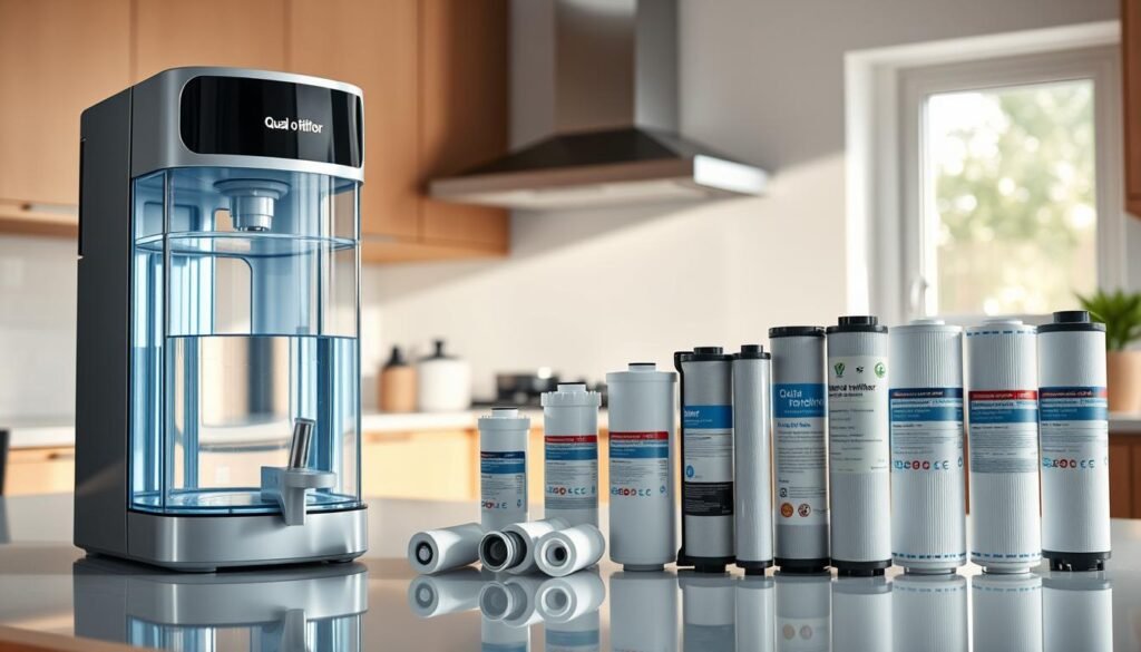 A sleek, modern water purifier sits prominently in the foreground, branded with "Qual o Melhor Purificador". The design features a transparent water tank allowing a visual of clean, filtered water. Surrounding it, a polished kitchen countertop with subtle reflections highlights the product’s quality. In the middle ground, various water filter cartridges are artfully arranged, showcasing their differences in size and design. The background captures a well-lit kitchen space, with soft, natural light streaming through a window, creating a warm and inviting atmosphere. A focus on clarity and purity resonates throughout the image, evoking feelings of health and freshness. The overall mood is professional and informative, perfect for illustrating the concept of water filter replacement frequency, usage, and quality. A sleek, modern water purifier sits prominently in the foreground, branded with "Qual o Melhor Purificador". The design features a transparent water tank allowing a visual of clean, filtered water. Surrounding it, a polished kitchen countertop with subtle reflections highlights the product’s quality. In the middle ground, various water filter cartridges are artfully arranged, showcasing their differences in size and design. The background captures a well-lit kitchen space, with soft, natural light streaming through a window, creating a warm and inviting atmosphere. A focus on clarity and purity resonates throughout the image, evoking feelings of health and freshness. The overall mood is professional and informative, perfect for illustrating the concept of water filter replacement frequency, usage, and quality.