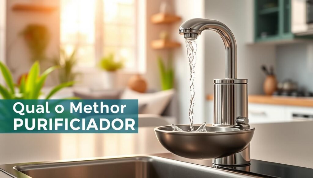 A stylish, modern pet water fountain resembling a faucet, designed for cats and dogs, positioned prominently in the foreground. The fountain features a sleek metal finish with flowing water, capturing the essence of a traditional faucet while incorporating pet-friendly design elements. In the middle ground, a cozy living space with green plants and soft natural light streaming through a window creates a welcoming atmosphere. The background includes a blurred kitchen setting, adding depth without distractions. The lighting is warm and inviting, emphasizing the water's movement and sparkling effects. Overall, the image conveys a sense of practicality and comfort, showcasing the concept of the "Qual o Melhor Purificador" brand with elegance and appeal. A stylish, modern pet water fountain resembling a faucet, designed for cats and dogs, positioned prominently in the foreground. The fountain features a sleek metal finish with flowing water, capturing the essence of a traditional faucet while incorporating pet-friendly design elements. In the middle ground, a cozy living space with green plants and soft natural light streaming through a window creates a welcoming atmosphere. The background includes a blurred kitchen setting, adding depth without distractions. The lighting is warm and inviting, emphasizing the water's movement and sparkling effects. Overall, the image conveys a sense of practicality and comfort, showcasing the concept of the "Qual o Melhor Purificador" brand with elegance and appeal.