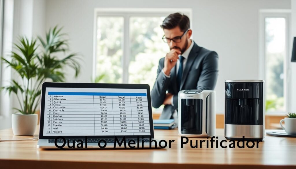 A visually engaging scene showing a stylish and modern workspace designed for budget planning on water purifiers. In the foreground, a neatly organized desk features a laptop displaying a spreadsheet with budget categories: "Affordable," "Cost-effective," and "Top-tier." Include three attractive water purifiers labeled respectively, each with sleek designs. In the middle ground, a thoughtful professional dressed in business attire surveys the options, taking notes with a pen. The background features a bright room with natural light filtering through a window, hinting at greenery outside, reflecting freshness. The mood is focused and productive, capturing the essence of careful planning for investing in quality alkaline water purifiers. Incorporate subtle branding of "Qual o Melhor Purificador" on the desk. A visually engaging scene showing a stylish and modern workspace designed for budget planning on water purifiers. In the foreground, a neatly organized desk features a laptop displaying a spreadsheet with budget categories: "Affordable," "Cost-effective," and "Top-tier." Include three attractive water purifiers labeled respectively, each with sleek designs. In the middle ground, a thoughtful professional dressed in business attire surveys the options, taking notes with a pen. The background features a bright room with natural light filtering through a window, hinting at greenery outside, reflecting freshness. The mood is focused and productive, capturing the essence of careful planning for investing in quality alkaline water purifiers. Incorporate subtle branding of "Qual o Melhor Purificador" on the desk.