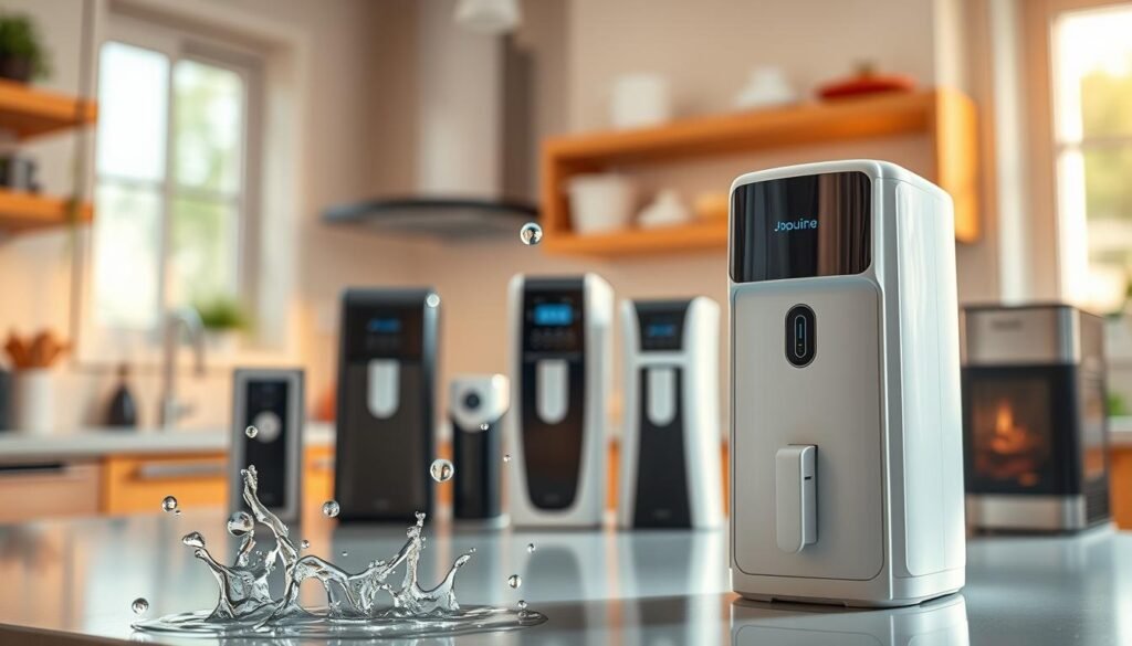 Create a visually appealing image featuring a sleek and modern water purifier prominently displayed in the foreground, showcasing the brand "Qual o Melhor Purificador." The device should have a glossy finish and be surrounded by clear, refreshing water droplets. In the middle ground, arrange a few different models of water purifiers, each uniquely designed, illustrating the variety available. The background should be a soft, blurred kitchen setting with warm, natural lighting filtering through a window, creating an inviting atmosphere. Capture the image from a slightly elevated angle, focusing on the purifiers while adding depth with soft shadows. The mood should feel informative and approachable, emphasizing the essence of choosing the right purifier for personal needs.