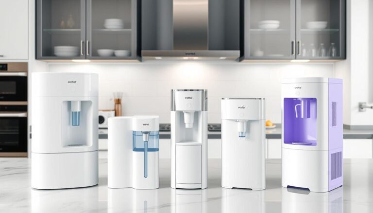Diversos modelos de purificadores de água 2025 em uma cozinha moderna