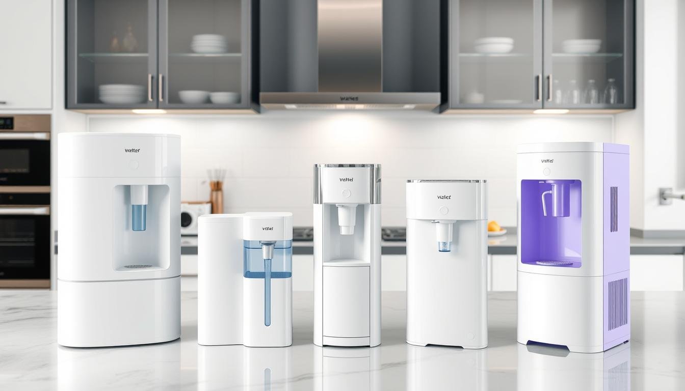 Diversos modelos de purificadores de água 2025 em uma cozinha moderna