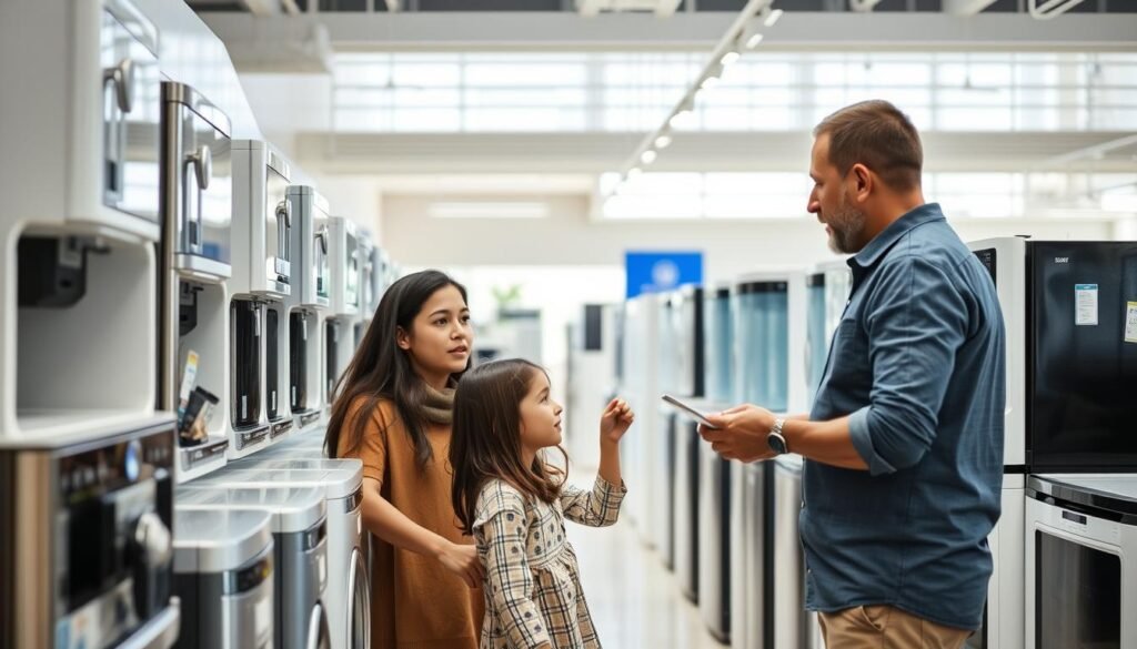 Família escolhendo um purificador de água em uma loja de eletrodomésticos Família escolhendo um purificador de água em uma loja de eletrodomésticos