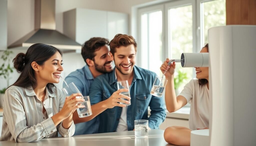 Família feliz bebendo água de um dos melhores purificadores de água 2025 em casa Família feliz bebendo água de um dos melhores purificadores de água 2025 em casa
