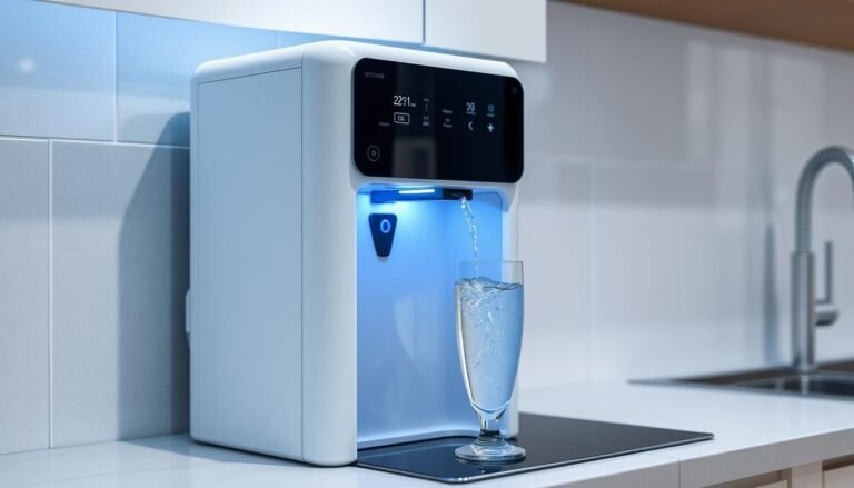 Purificador de água com compressor em funcionamento na cozinha moderna