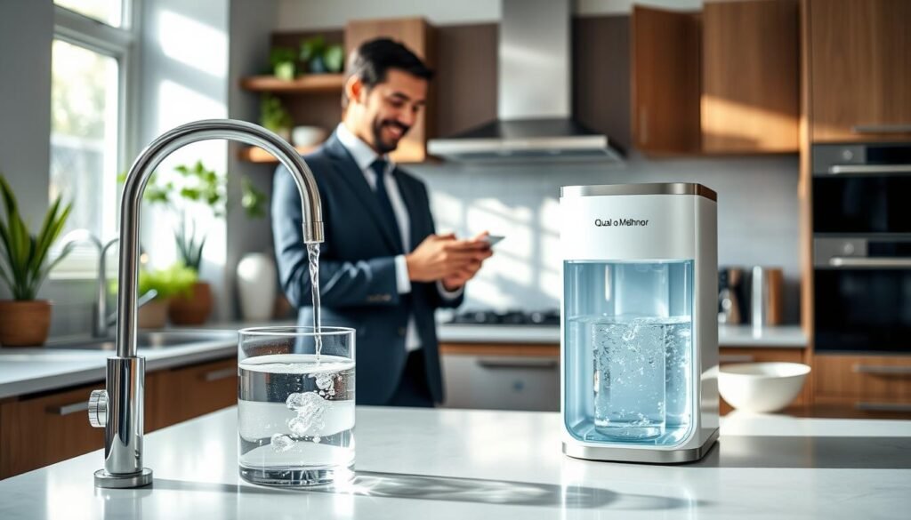 Vibrant kitchen setting featuring a sleek water purifier labeled "Qual o Melhor Purificador" prominently on a modern countertop. In the foreground, crystal-clear water drips from the purifier's faucet into a stylish glass pitcher. The middle ground highlights a user, a professional in business attire, examining the purifier with an approving smile. The background showcases a well-organized kitchen with green plants and contemporary appliances, suggesting a clean and healthy lifestyle. Soft natural light streams in from a window, creating a warm and inviting atmosphere. The camera angle focuses on the purifier and the user, emphasizing the theme of choosing the right water purifier for one’s consumption needs. Vibrant kitchen setting featuring a sleek water purifier labeled "Qual o Melhor Purificador" prominently on a modern countertop. In the foreground, crystal-clear water drips from the purifier's faucet into a stylish glass pitcher. The middle ground highlights a user, a professional in business attire, examining the purifier with an approving smile. The background showcases a well-organized kitchen with green plants and contemporary appliances, suggesting a clean and healthy lifestyle. Soft natural light streams in from a window, creating a warm and inviting atmosphere. The camera angle focuses on the purifier and the user, emphasizing the theme of choosing the right water purifier for one’s consumption needs.